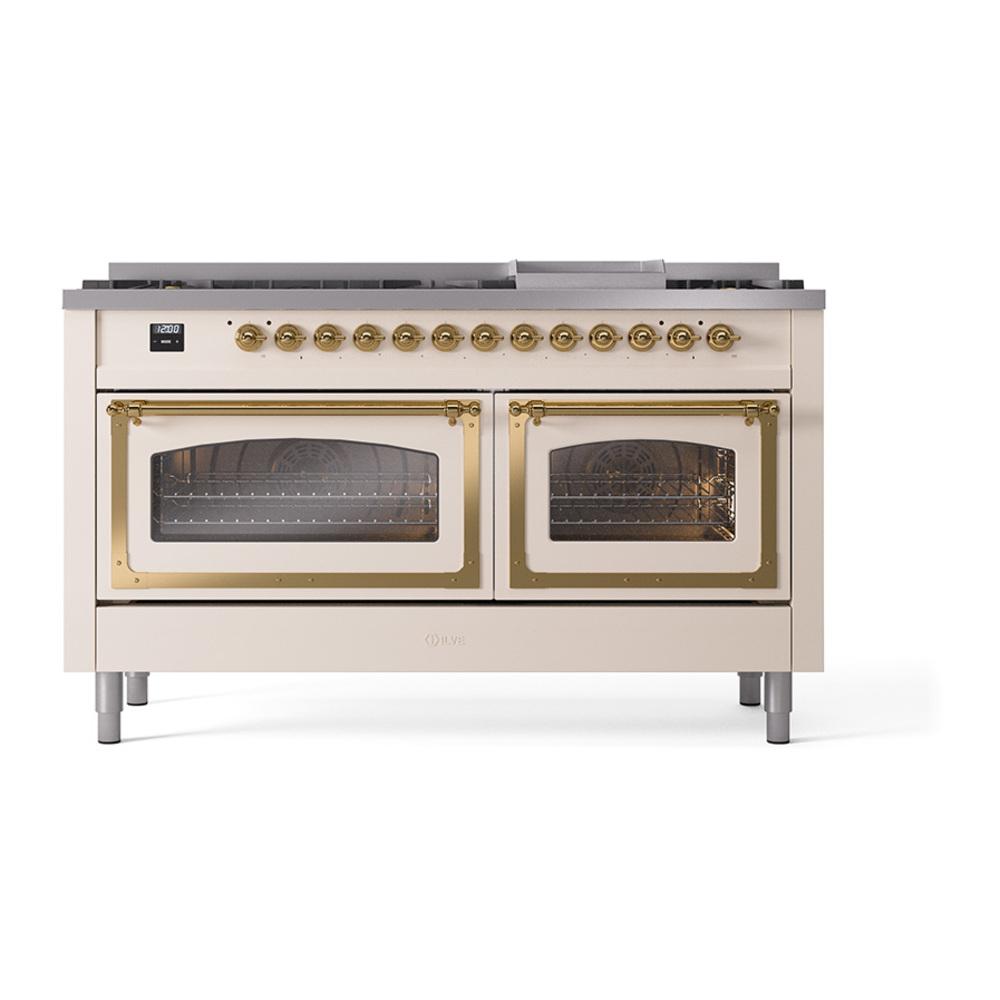 ILVE UN60FNMPAWGLP Nostalgie II Noblesse 60 inch Dual Fuel Range (9 Sealed Burners + Griddle, Liquid Propane, Triple Glass Door, Antique White, Brass)