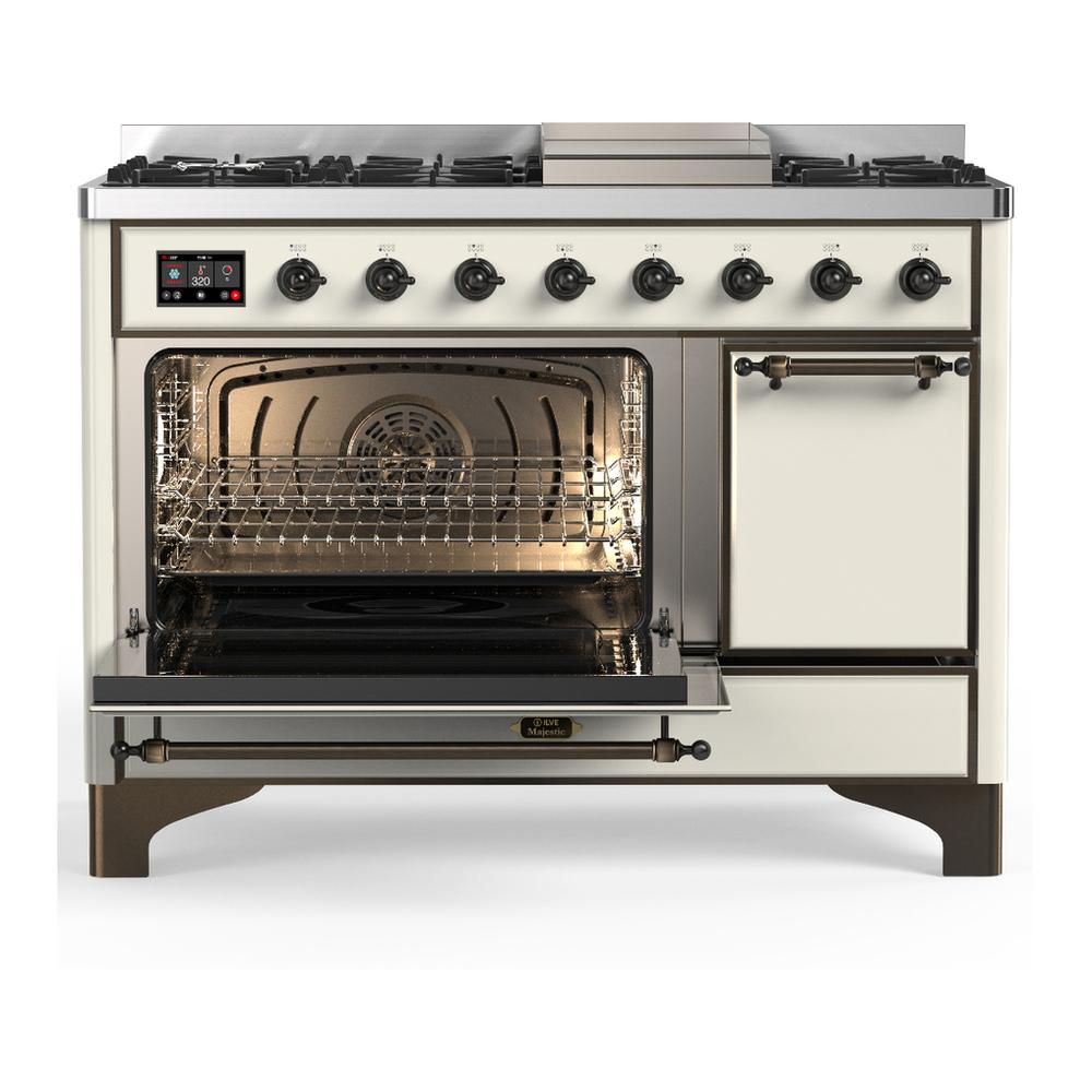 ILVE UM48FQNR3AWBLP Majestic III 48 inch Dual Fuel Range with 8 Burners and Griddle, Dual Function Burner up to 25,000 BTU (Liquid Propane, Solid Door, Antique White, Burnished)