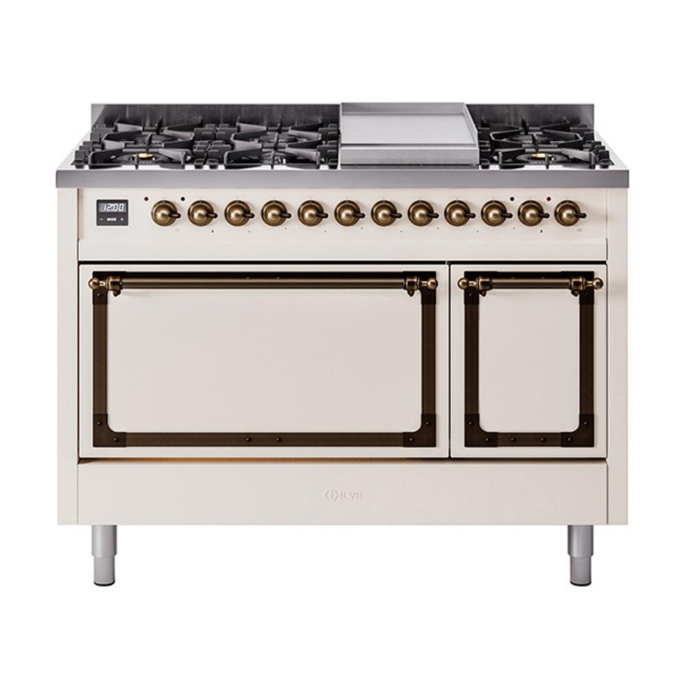 ILVE UN48FQNMPAWB Nostalgie II Noblesse 48 inch Dual Fuel Range (8 Sealed Burners + Griddle, Natural Gas, Solid Door, Antique White, Burnished)