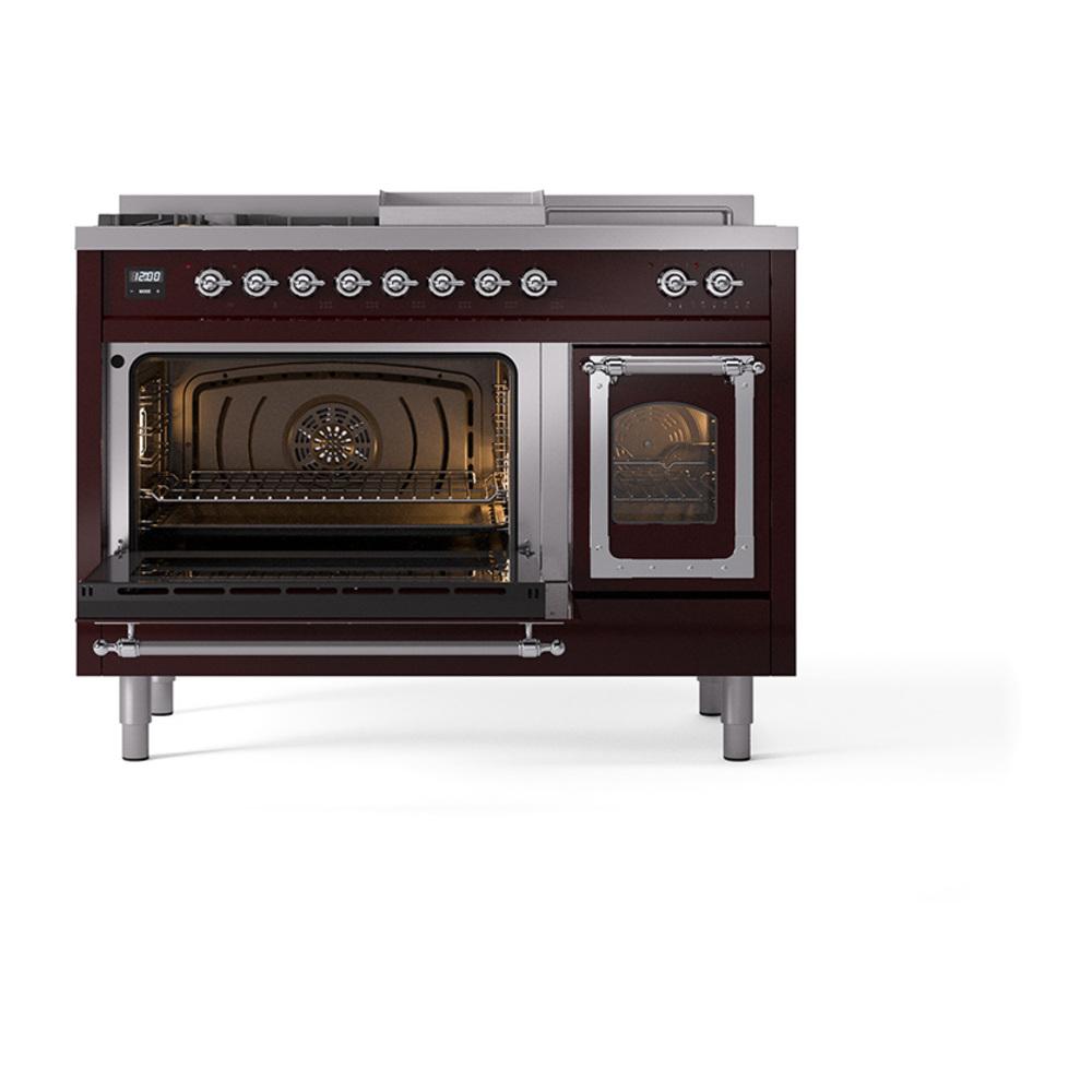 ILVE UN48FSNMPBUCLP Nostalgie II Noblesse 48 inch Dual Fuel Range (5 Sealed Burners + Griddle + French Top, Liquid Propane, Triple Glass Door, Burgundy, Chrome)
