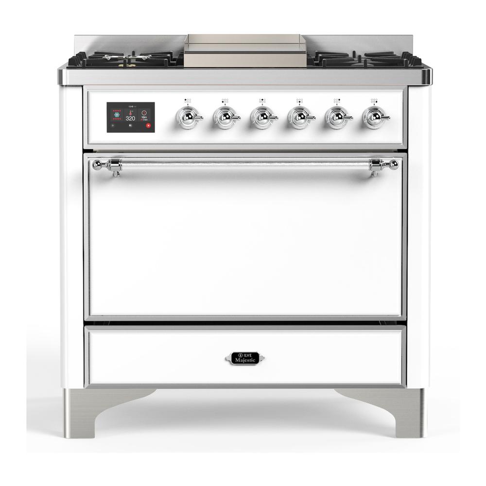 ILVE UM36FQNR3WHC Majestic III 36 inch Dual Fuel Range with 6 Black Brass Burners and Griddle, Dual Function Burner up to 25,000 BTU (Solid Door, White, Chrome, Natural Gas)
