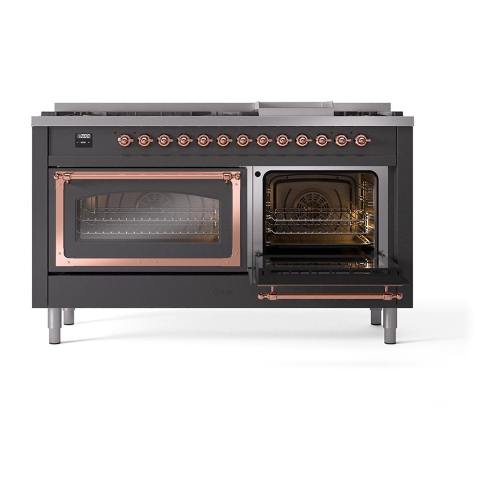 ILVE UN60FNMPMGPLP Nostalgie II Noblesse 60 inch Dual Fuel Range (9 Sealed Burners + Griddle, Liquid Propane, Triple Glass Door, Graphite Matte, Copper)