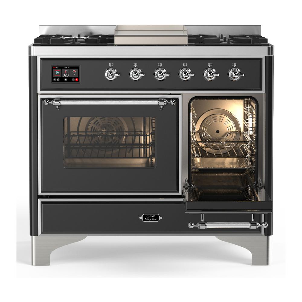 ILVE UMD40FNR3MGCLP Majestic III 40 inch Dual Fuel Range with 6 Burners and Griddle, Dual Function Burner up to 25,000 BTU (Liquid Propane, Triple Glass Door, Graphite Matte, Chrome)