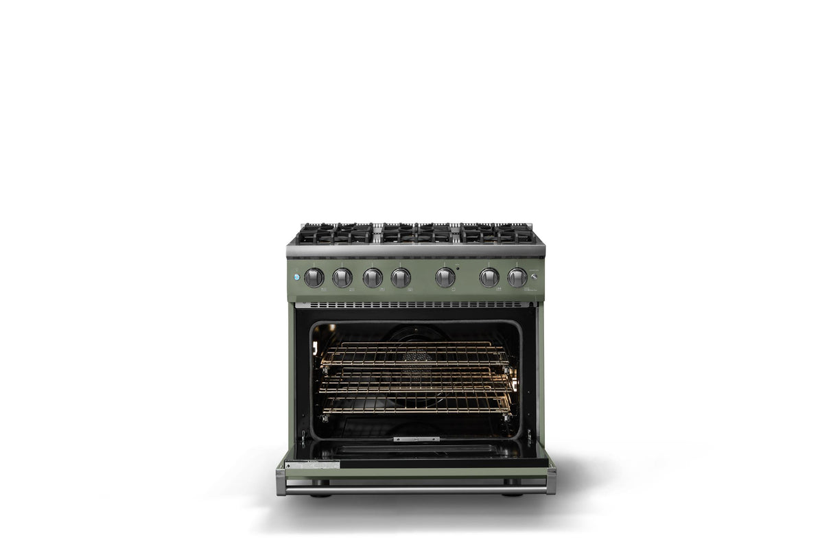 36"W. Sealed Burner Gas Range (Burner: 6b, Finish: Eucalyptus, Trim: Polished Chrome, Fuel: Natural Gas)