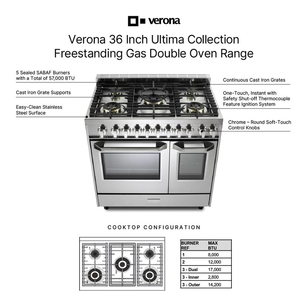 Verona VUFSGG365DSS 36 inch Ultima Collection Double Oven Gas Range with 5 Brass Burners, 4.1 cu. ft. Oven Total Capacity