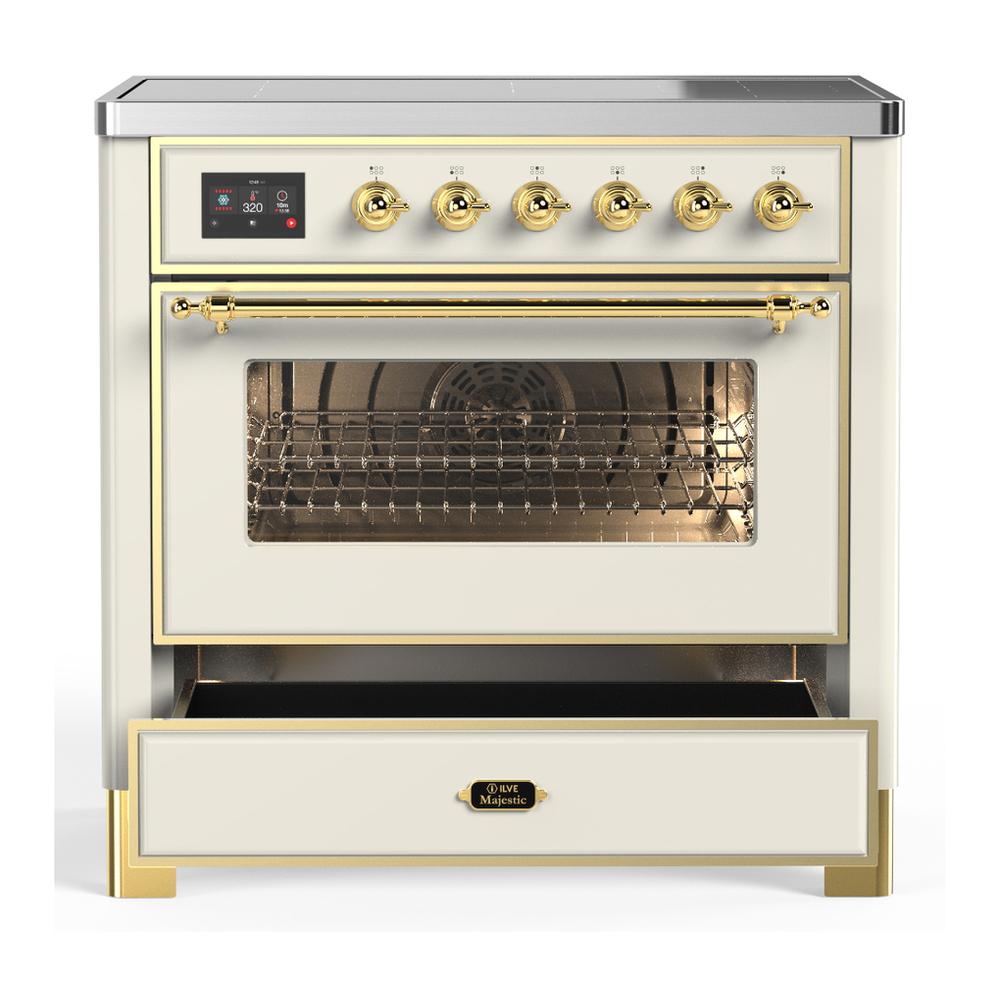ILVE UMIB36NR3AWG Majestic III 36 inch Induction Range with 6 Elements, 3.5 cu. ft. Total Oven Capacity (Triple Glass Door, Antique White, Brass)