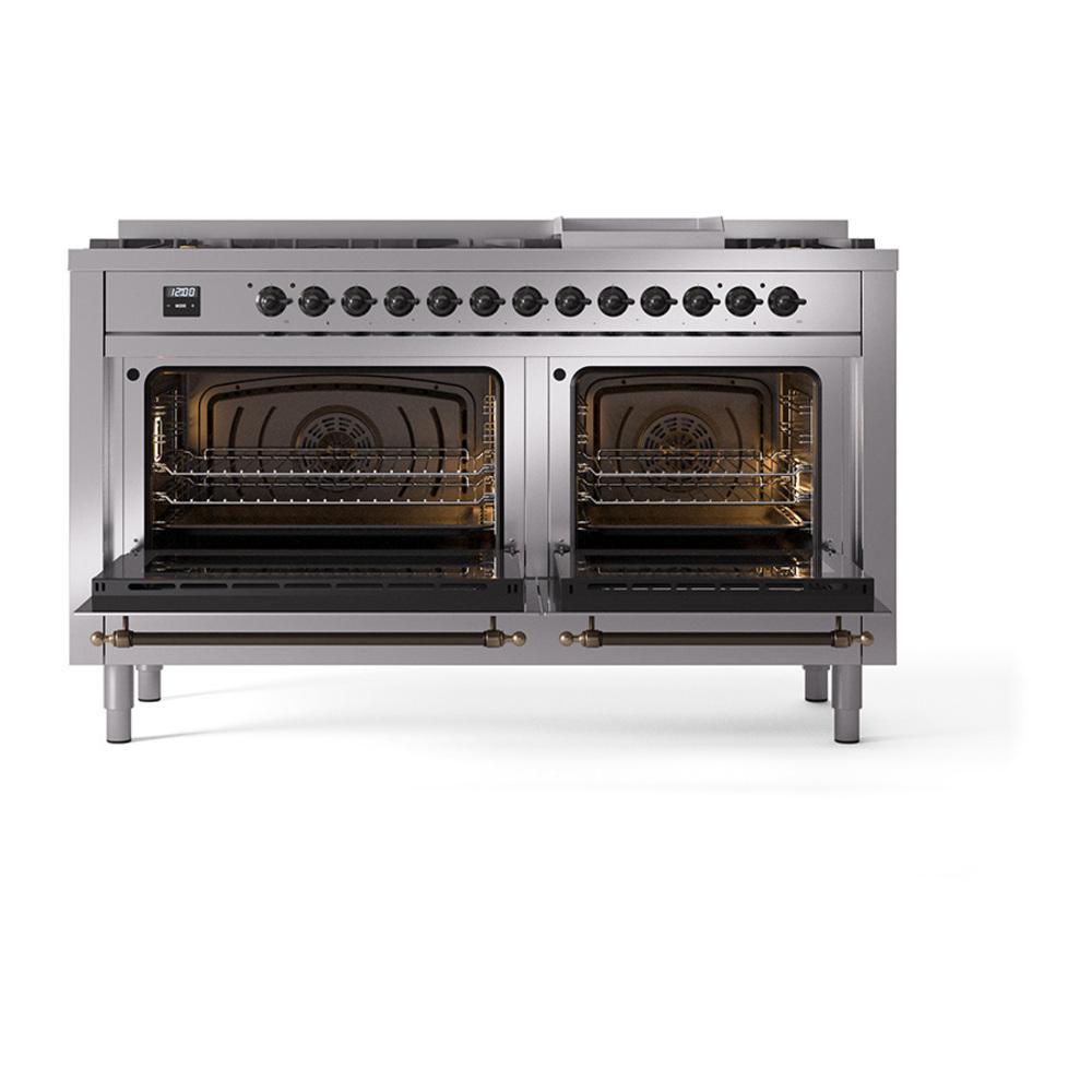 ILVE UN60FQNMPSSBLP Nostalgie II Noblesse 60 inch Dual Fuel Range (9 Sealed Burners + Griddle, Liquid Propane, Solid Door, Stainless Steel, Burnished)