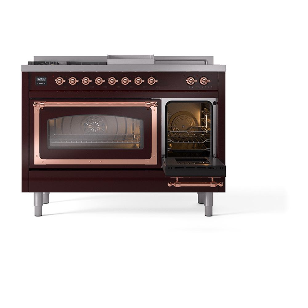 ILVE UN48FSNMPBUPLP Nostalgie II Noblesse 48 inch Dual Fuel Range (5 Sealed Burners + Griddle + French Top, Liquid Propane, Triple Glass Door, Burgundy, Copper)