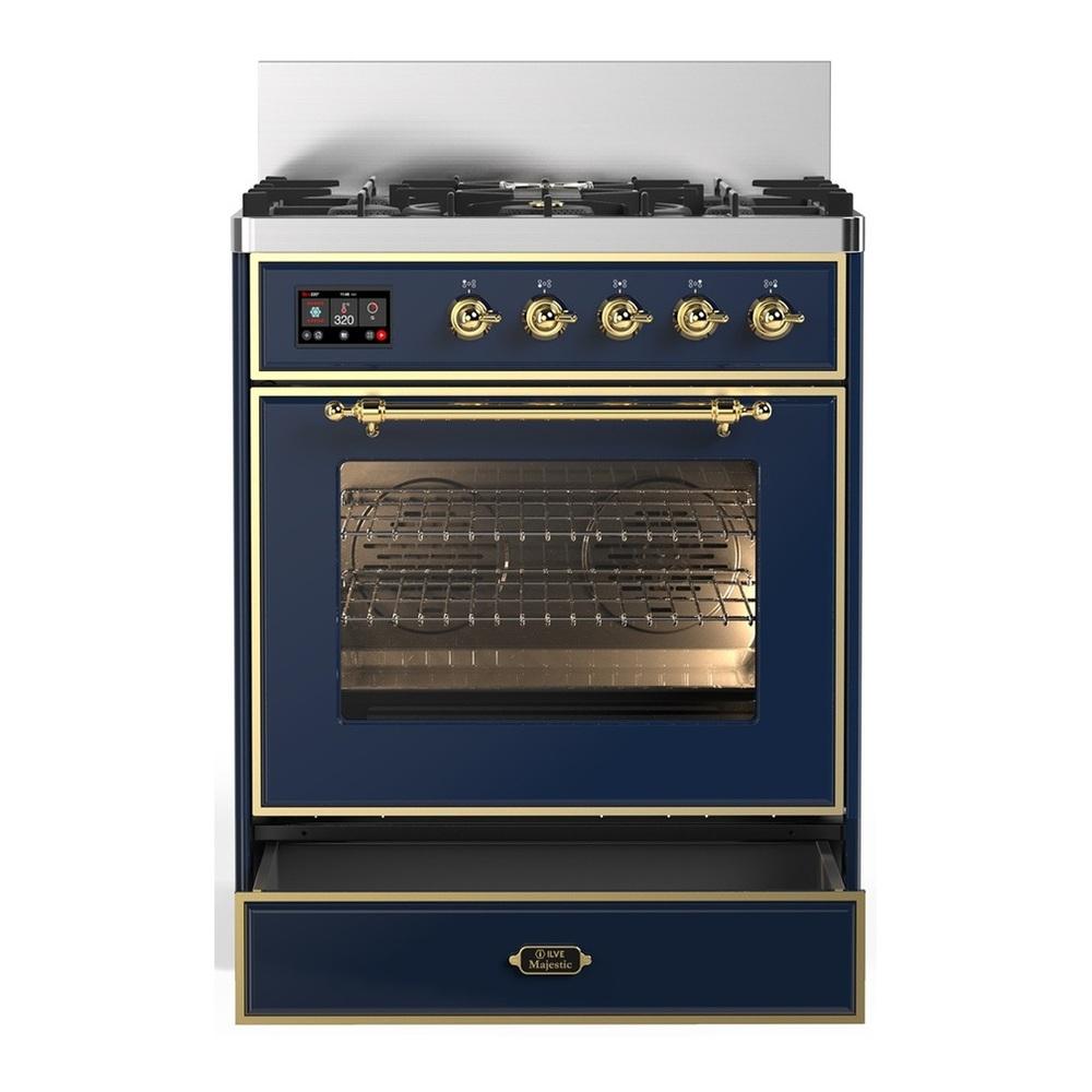 ILVE UM30NR3MBG Majestic III 30 inch Dual Fuel Range with 5 Black Brass Burners, Dual Function Burner up to 25,000 BTU (Natural Gas, Triple Glass Door, Midnight Blue, Brass)