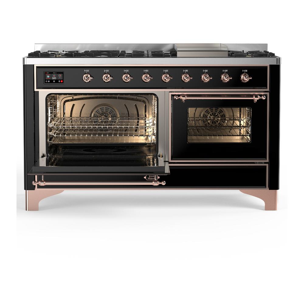 ILVE UM60FNR3BKPLP Majestic III 60 inch Dual Fuel Range with 9 Burners and Griddle, Dual Function Burner up to 25,000 BTU (Liquid Propane, Triple Glass Door, Glossy Black, Copper)