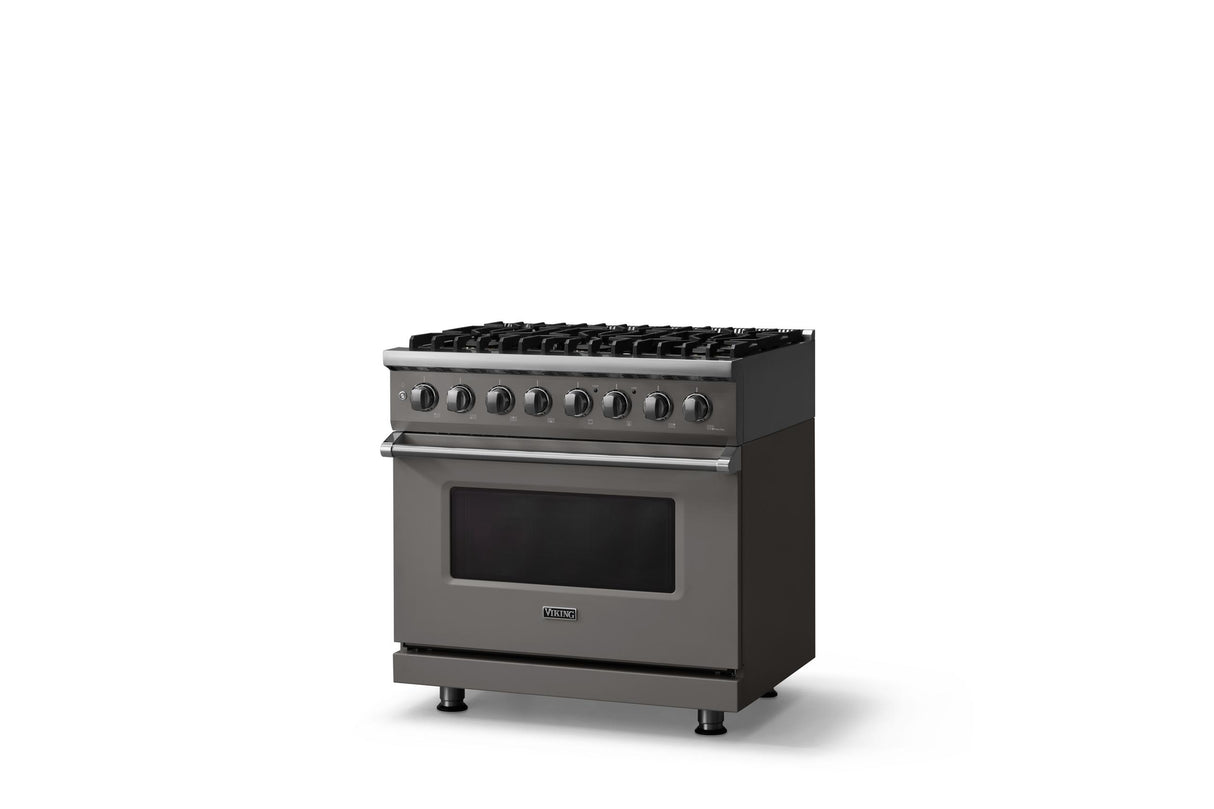 36"W. Dual Fuel Range (Burner: 6b, Finish: Damascus Gray, Trim: Polished Chrome, Fuel: Natural Gas)