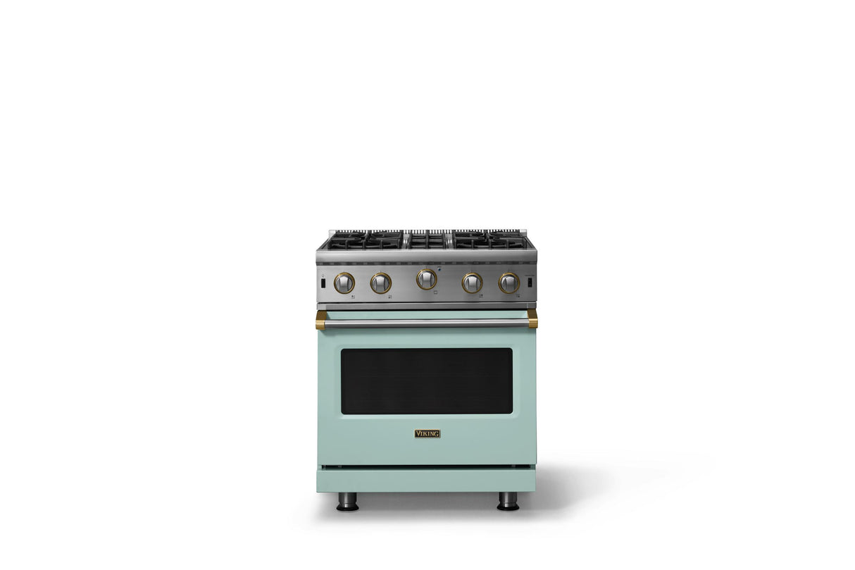 30"W. Open Burner Gas Range (Finish: Splash, Trim: Brushed Brass, Fuel: Natural Gas)