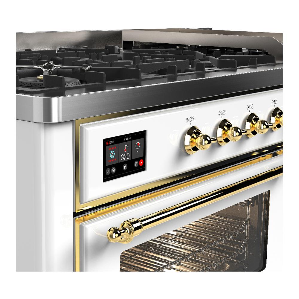 ILVE UM60FNR3WHG Majestic III 60 inch Dual Fuel Range with 9 Burners and Griddle, Dual Function Burner up to 25,000 BTU (Natural Gas, Triple Glass Door, White, Brass)