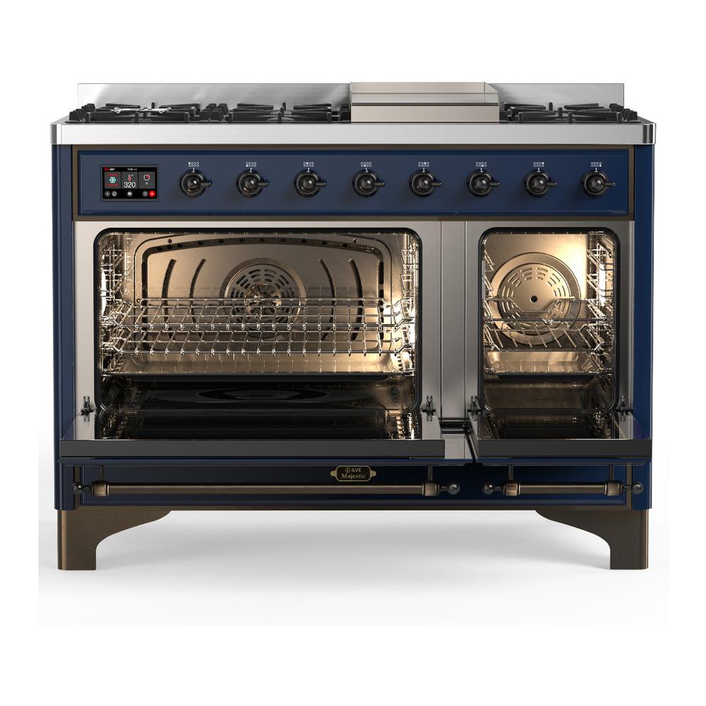 ILVE UM48FQNR3MBBLP Majestic III 48 inch Dual Fuel Range with 8 Burners and Griddle, Dual Function Burner up to 25,000 BTU (Liquid Propane, Solid Door, Midnight Blue, Burnished)