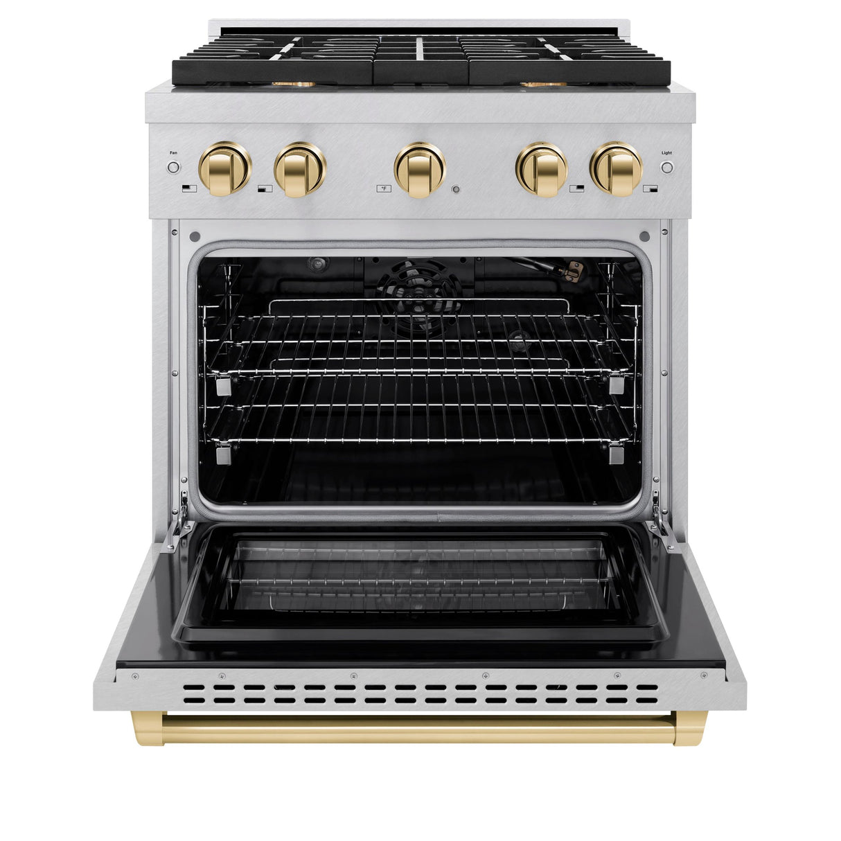 ZLINE Autograph Edition 30 in. 4.2 cu. ft. 4 Burner Gas Range with Convection Gas Oven in DuraSnow' Stainless Steel and Polished Gold Accents (SGRSZ-30-G)