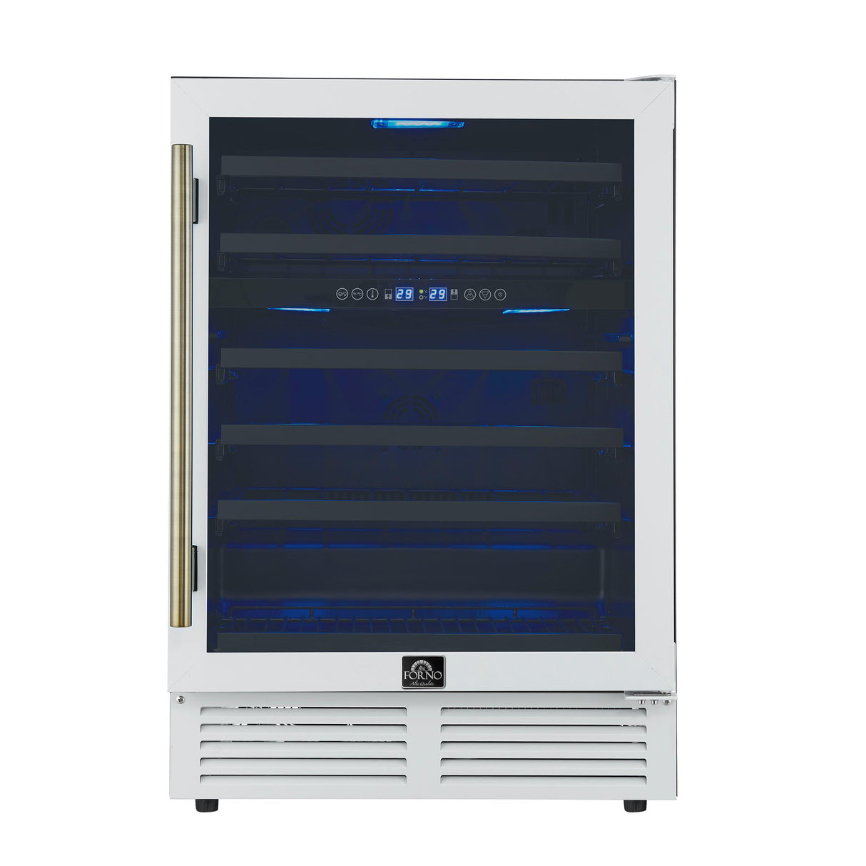 Forno Bacchino 24 Inch Wine Cooler, White with Antique Brass Handles, with LED Lighting, Triple Glass Door, 51 Bottle Capacity, Built-In or Freestanding