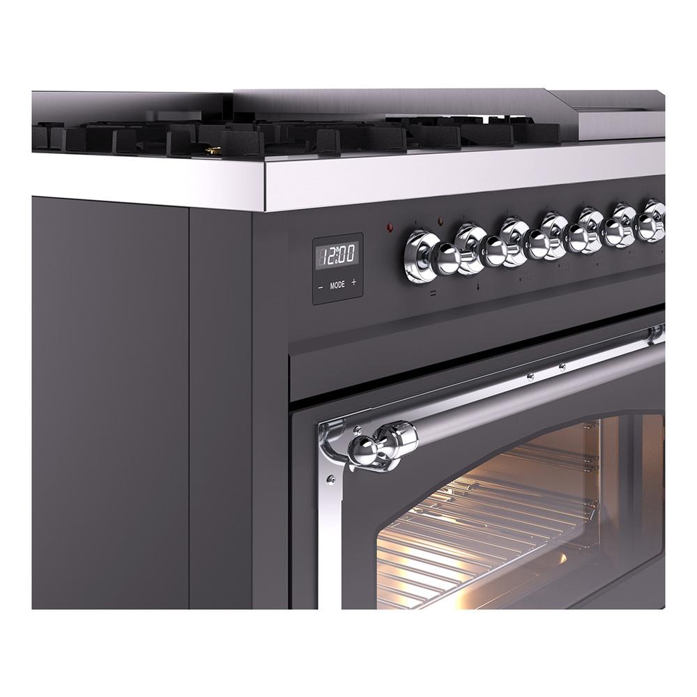 ILVE UN48FNMPMGCLP Nostalgie II Noblesse 48 inch Dual Fuel Range (8 Sealed Burners + Griddle, Liquid Propane, Triple Glass Door, Graphite Matte, Chrome)
