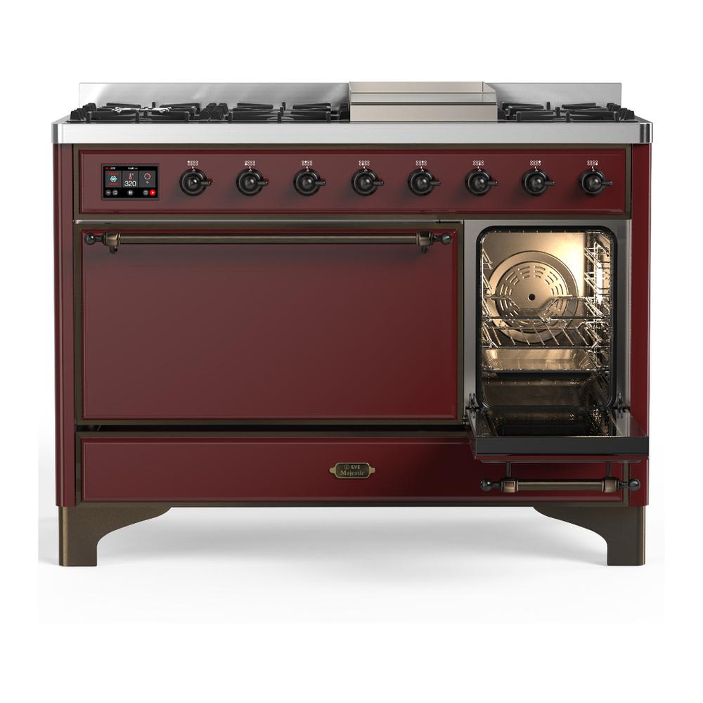 ILVE UM48FQNR3BUB Majestic III 48 inch Dual Fuel Range with 8 Burners and Griddle, Dual Function Burner up to 25,000 BTU (Natural Gas, Solid Door, Burgundy, Burnished)