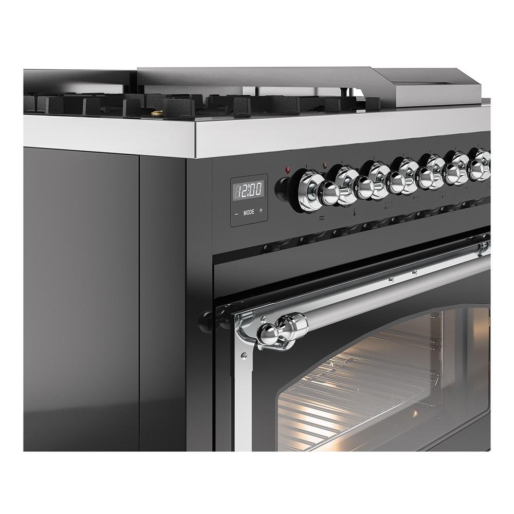 ILVE UN48FSNMPBKCLP Nostalgie II Noblesse 48 inch Dual Fuel Range (5 Sealed Burners + Griddle + French Top, Liquid Propane, Triple Glass Door, Glossy Black, Chrome)