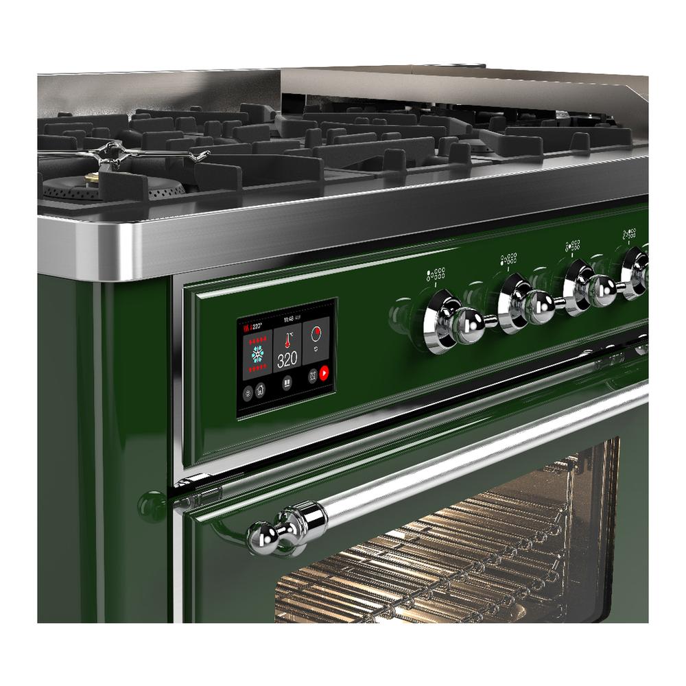 ILVE UM60FNR3EGCLP Majestic III 60 inch Dual Fuel Range with 9 Burners and Griddle, Dual Function Burner up to 25,000 BTU (Liquid Propane, Triple Glass Door, Emerald Green, Chrome)