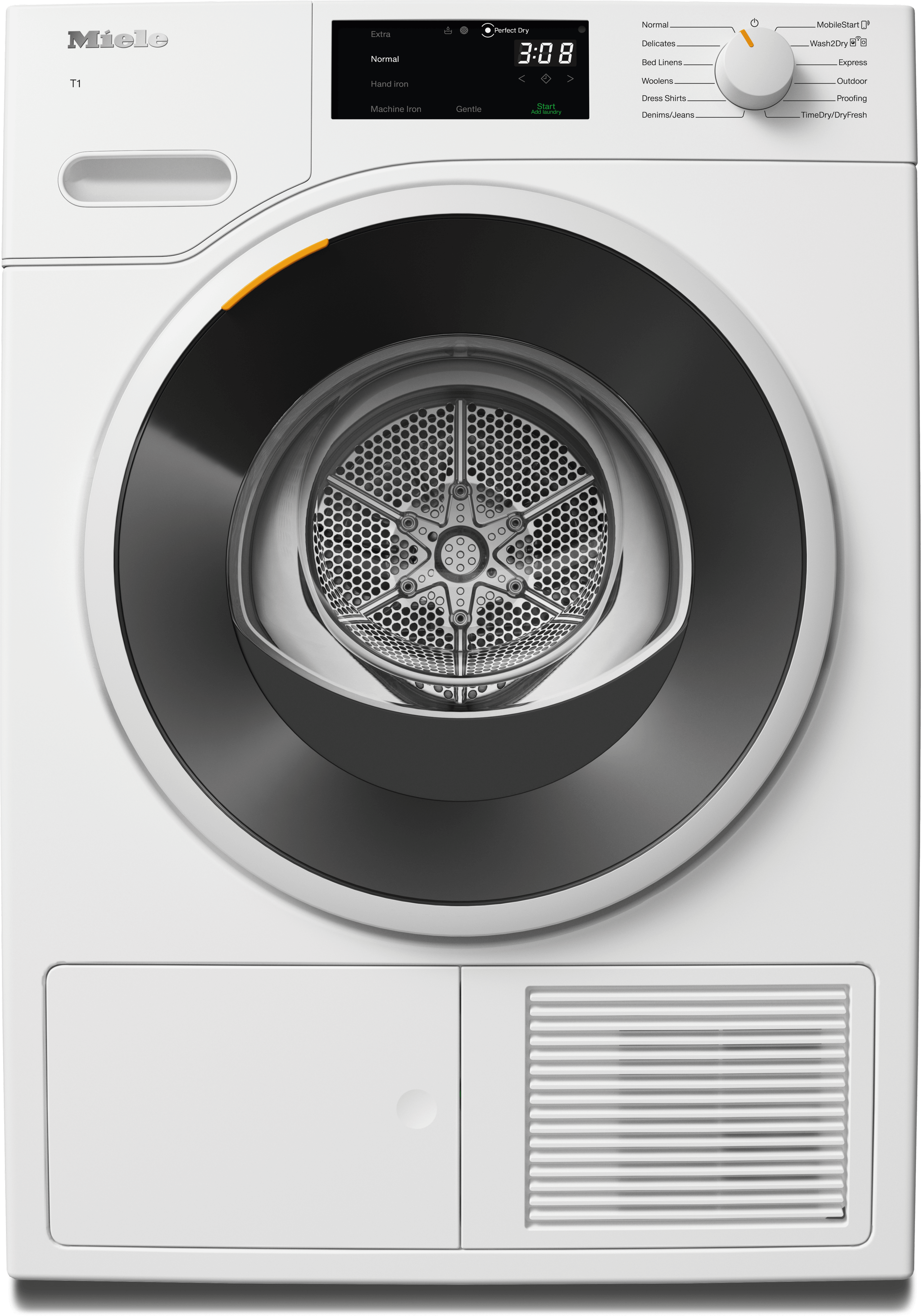 TXF360WP - T1 Heat-Pump Dryer: 18 lb (8 kg) DirectSensor Honeycomb drum FragranceDos Miele@home DryProtect