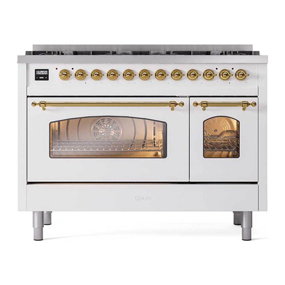 ILVE UP488NMPWHGLP Nostalgie II 48 inch Dual Fuel Range with 8 Total Black Brass Sealed Burners, Brass Trim (Limited Edition) (Liquid Propane, White)