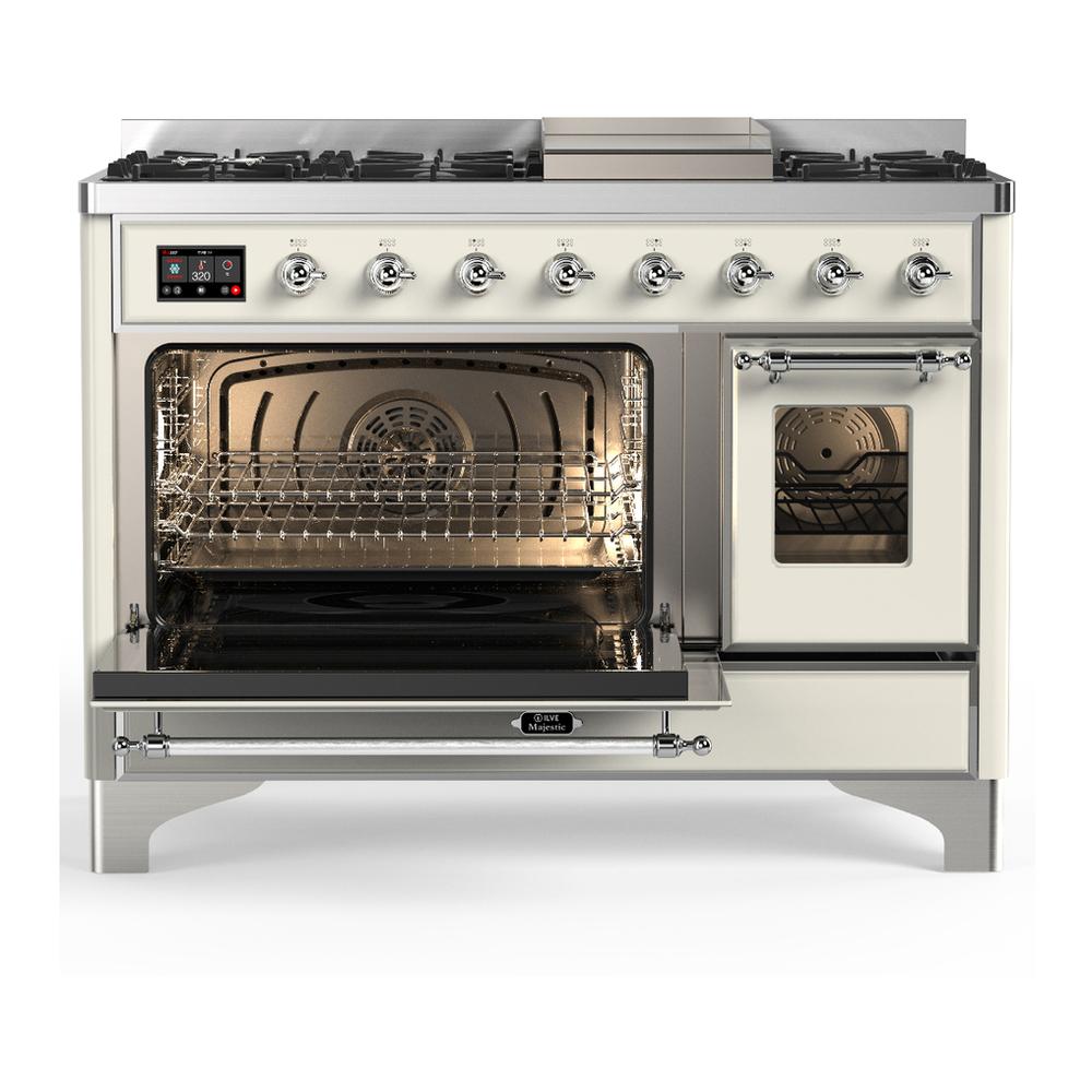 ILVE UM48FNR3AWC Majestic III 48 inch Dual Fuel Range with 8 Burners and Griddle, Dual Function Burner up to 25,000 BTU (Natural Gas, Triple Glass Door, Antique White, Chrome)