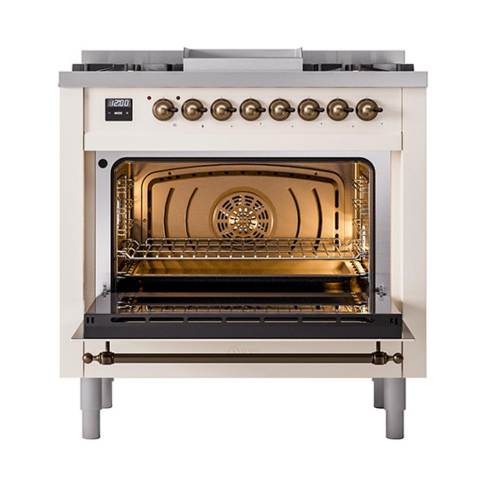 ILVE UN36FQNMPAWB Nostalgie II Noblesse 36 inch Dual Fuel Range (Natural Gas, Solid Door, Antique White, Burnished)