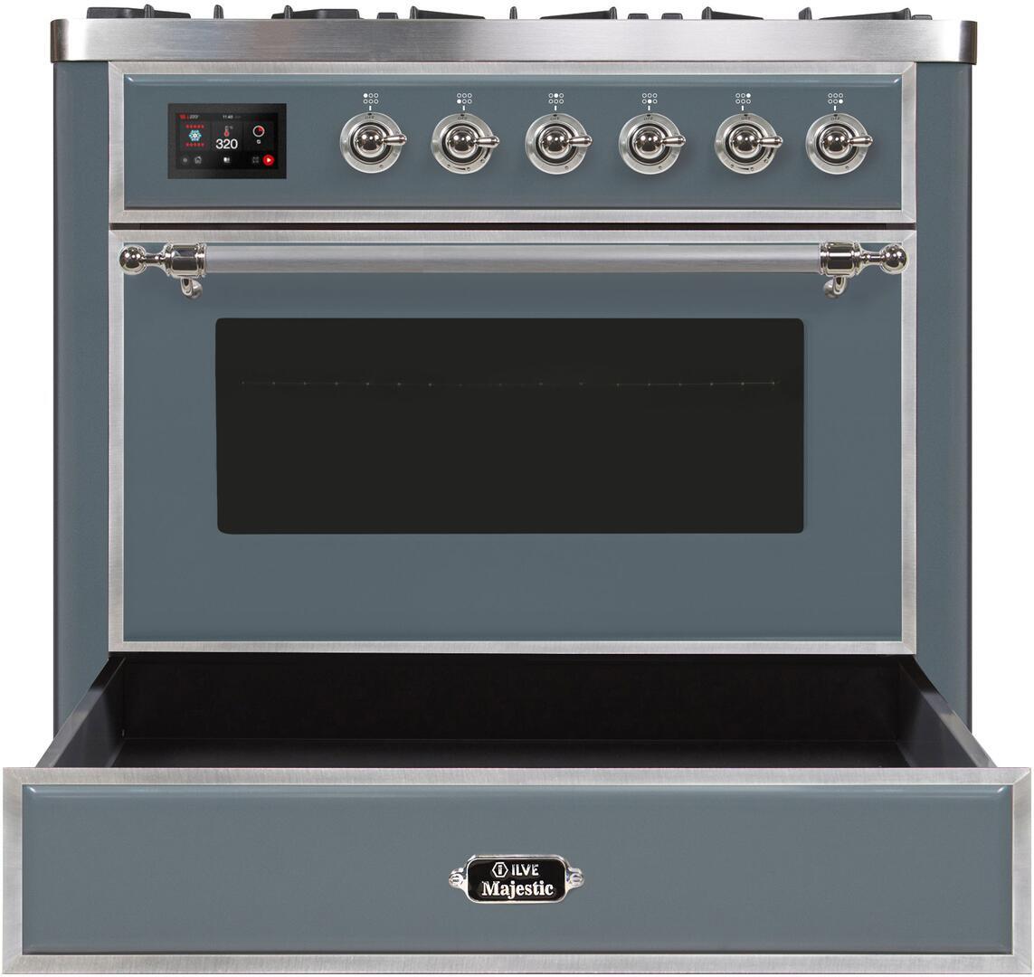 Majestic II 36 Inch Dual Fuel Natural Gas Freestanding Range in Blue Grey with Chrome Trim