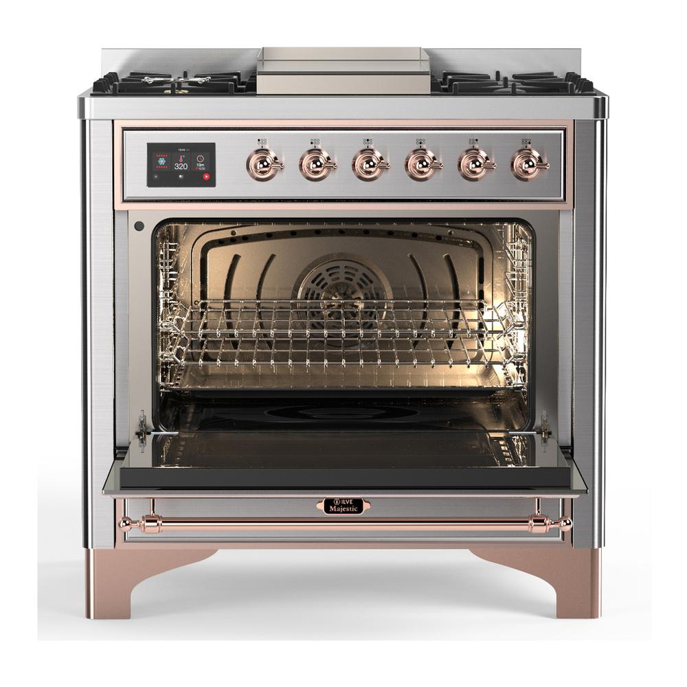 ILVE UM36FNR3SSPLP Majestic III 36 inch Dual Fuel Range with 6 Black Brass Burners and Griddle, Dual Function Burner up to 25,000 BTU (Triple Glass Door, Stainless Steel, Copper, Liquid Propane)