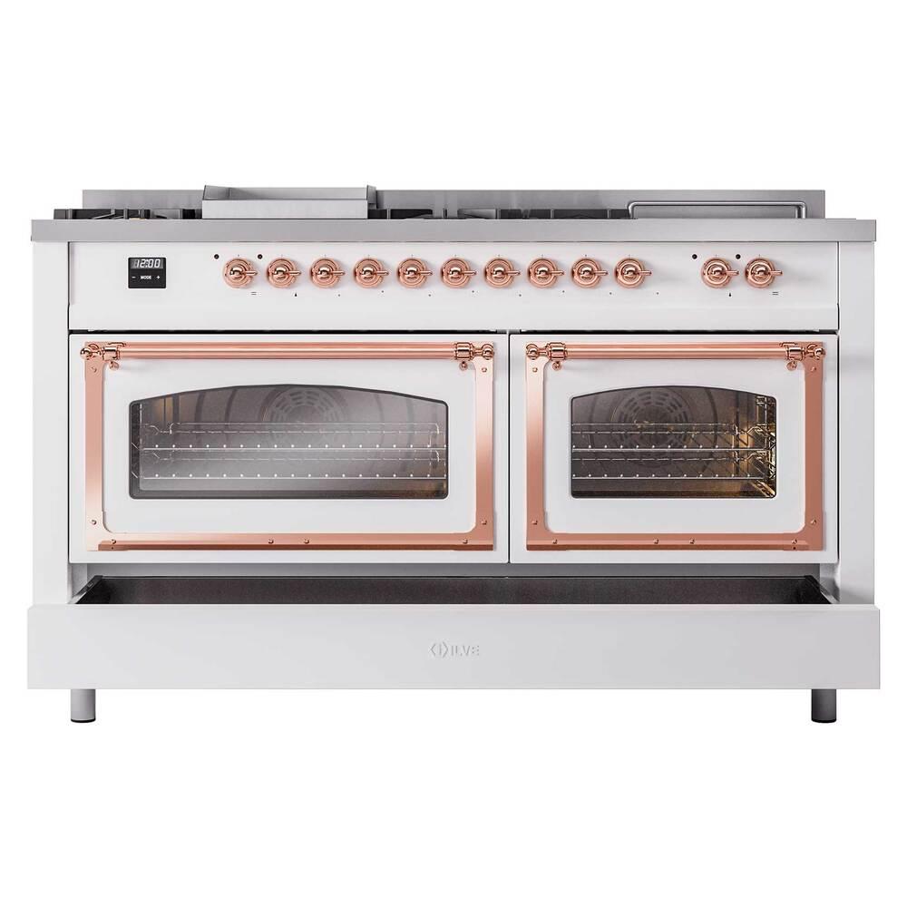 ILVE UN60FSNMPWHPLP Nostalgie II Noblesse 60 inch Dual Fuel Range (7 Sealed Burners + Griddle + French Top, Liquid Propane, Triple Glass Door, White, Copper)
