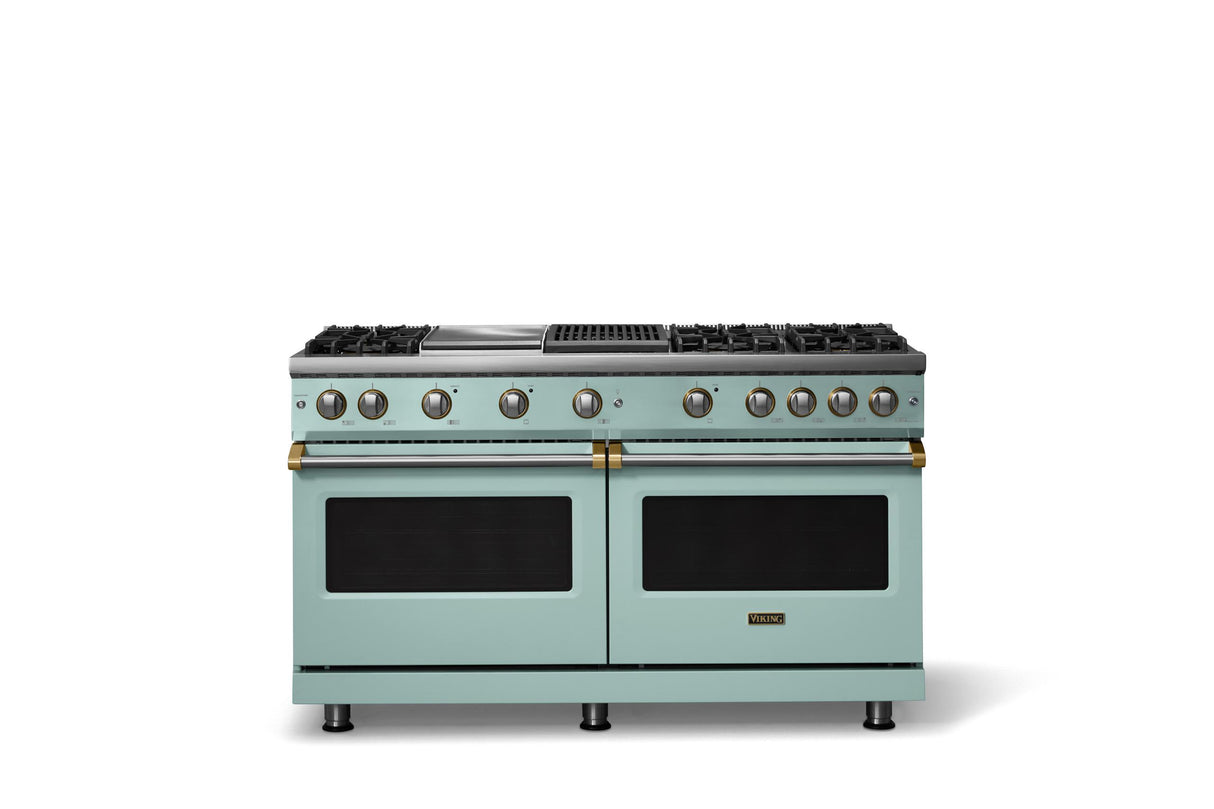 60"W. Sealed Burner Gas Range (Finish: Splash, Trim: Brushed Brass, Fuel: Natural Gas)