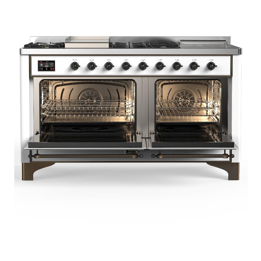 ILVE UM60FSQNR3WHB Majestic III 60 inch Dual Fuel Range with 7 Burners, Griddle and French Top, Dual Function Burner with up to 25,000 BTU (Natural Gas, Solid Door, White, Burnished)