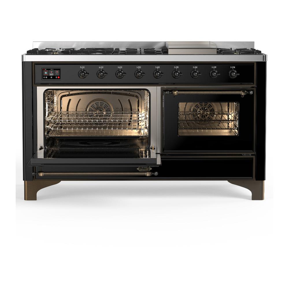 ILVE UM60FNR3BKB Majestic III 60 inch Dual Fuel Range with 9 Burners and Griddle, Dual Function Burner up to 25,000 BTU (Natural Gas, Triple Glass Door, Glossy Black, Burnished)