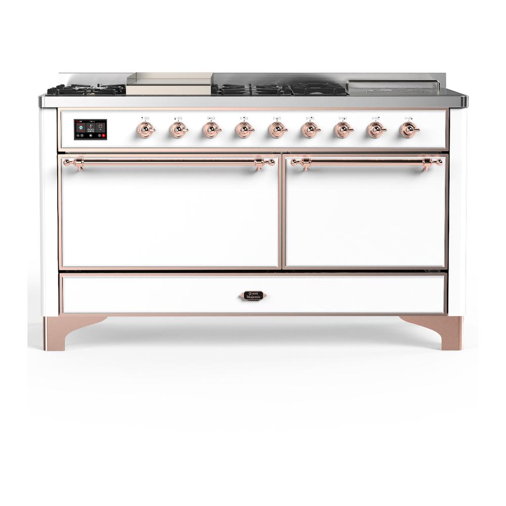 ILVE UM60FSQNR3WHPLP Majestic III 60 inch Dual Fuel Range with 7 Burners, Griddle and French Top, Dual Function Burner with up to 25,000 BTU (Liquid Propane, Solid Door, White, Copper)