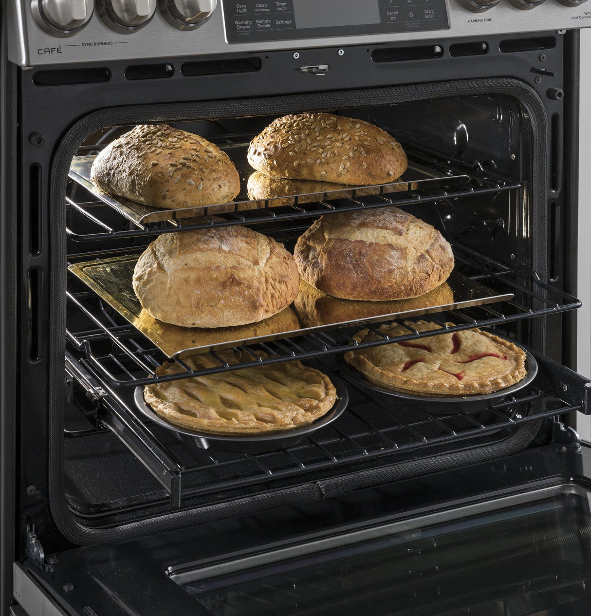 GE Cafe™ Series 30" Slide-In Front Control Dual-Fuel Range with Warming Drawer