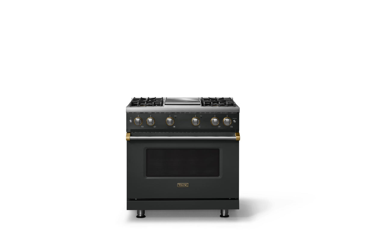 36"W. Sealed Burner Gas Range (Burner: 4g, Finish: Antique Bronze, Trim: Brushed Brass, Fuel: Natural Gas)