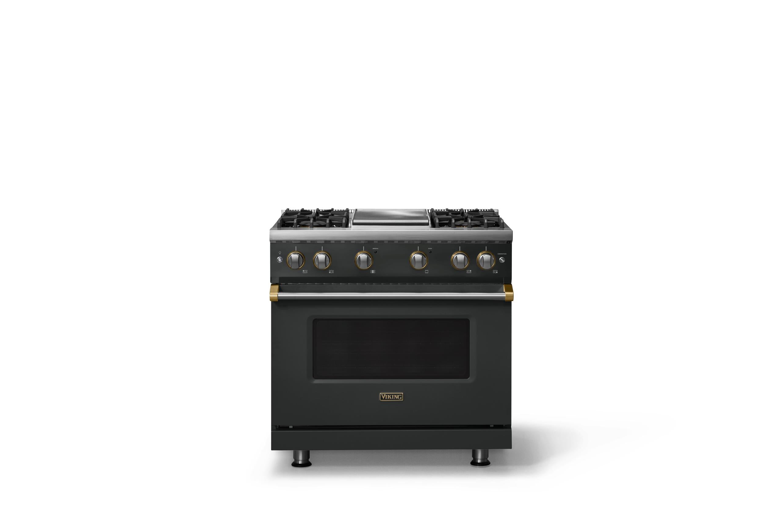 36"W. Sealed Burner Gas Range (Burner: 4g, Finish: Antique Bronze, Trim: Brushed Brass, Fuel: Propane)