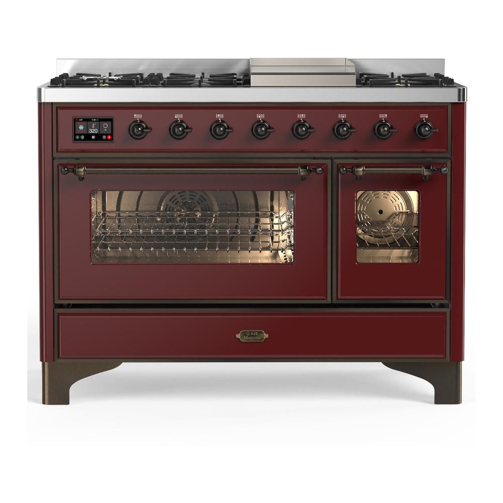 ILVE UM48FNR3BUBLP Majestic III 48 inch Dual Fuel Range with 8 Burners and Griddle, Dual Function Burner up to 25,000 BTU (Liquid Propane, Triple Glass Door, Burgundy, Burnished)