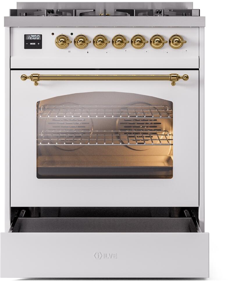 Nostalgie II 30 Inch Dual Fuel Natural Gas Freestanding Range in White with Brass Trim
