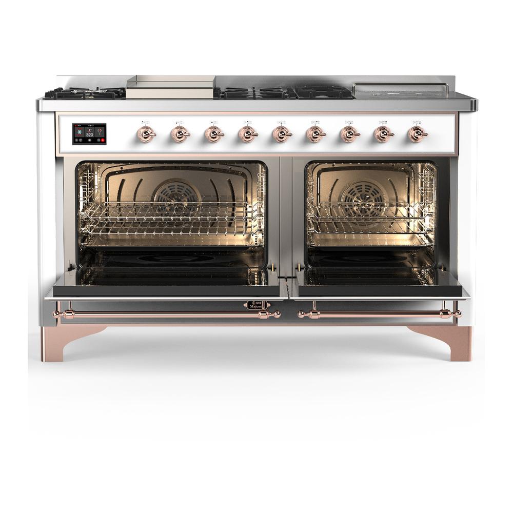 ILVE UM60FSNR3WHPLP Majestic III 60 inch Dual Fuel Range with 7 Burners, Griddle and French Top, Dual Function Burner with up to 25,000 BTU (Liquid Propane, Triple Glass Door, White, Copper)