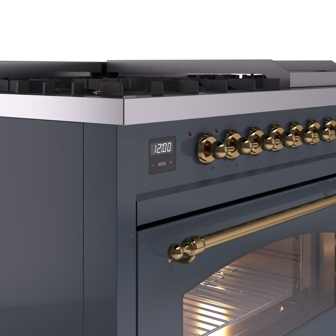 Nostalgie II 48 Inch Dual Fuel Liquid Propane Freestanding Range in Blue Grey with Brass Trim