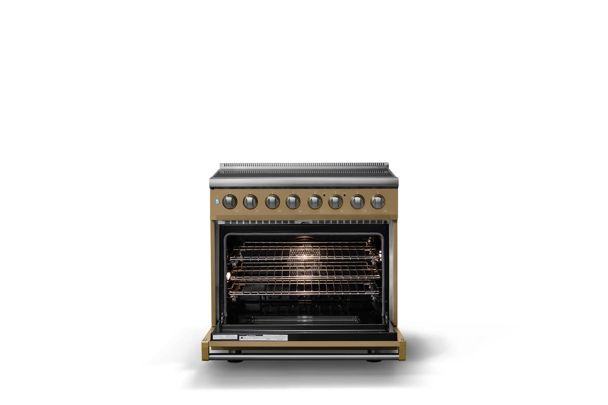 36"W. Induction Range (Finish: Golden Hour, Trim: Brushed Brass)