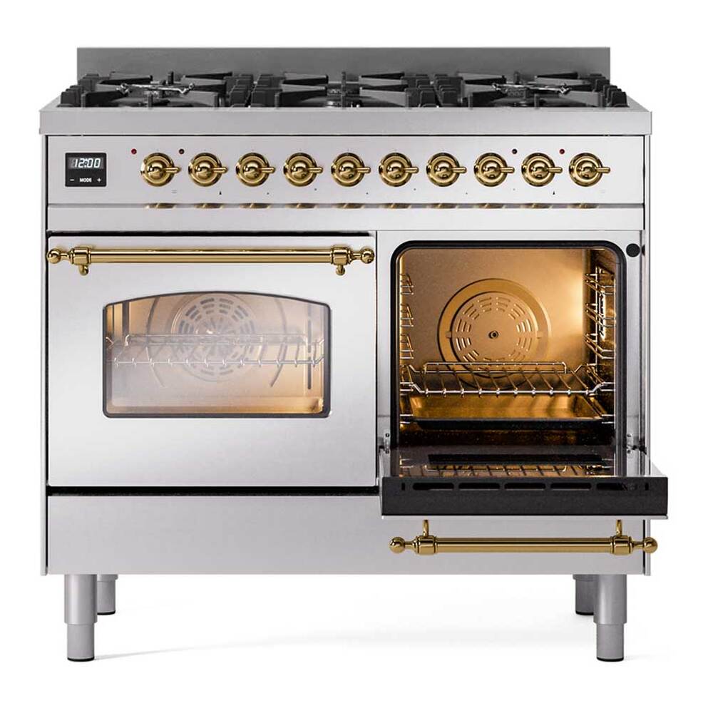 ILVE UPD406NMPSSGLP Nostalgie II 40 inch Dual Fuel Range with 6 Total Black Brass Burners, Brass Trim (Limited Edition) (Liquid Propane, Stainless Steel)