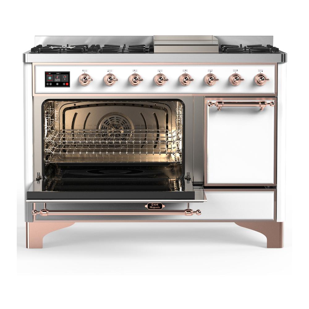 ILVE UM48FQNR3WHP Majestic III 48 inch Dual Fuel Range with 8 Burners and Griddle, Dual Function Burner up to 25,000 BTU (Natural Gas, Solid Door, White, Copper)