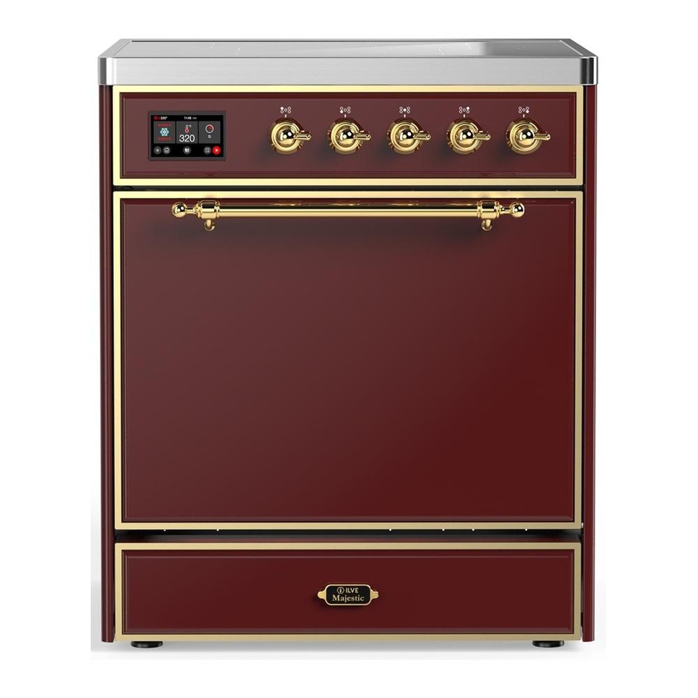 ILVE UMIB30QNR3BUG Majestic III 30 inch Induction Range with 4 Elements, 4 cu. ft. Oven Capacity (Solid Door, Burgundy, Brass)