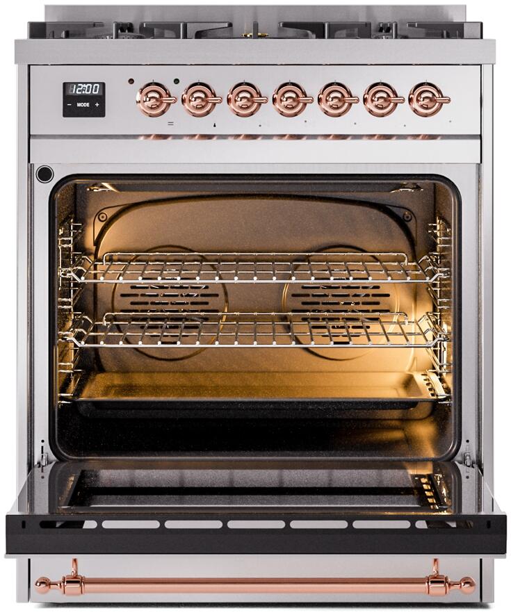 Nostalgie II 30 Inch Dual Fuel Natural Gas Freestanding Range in Stainless Steel with Copper Trim