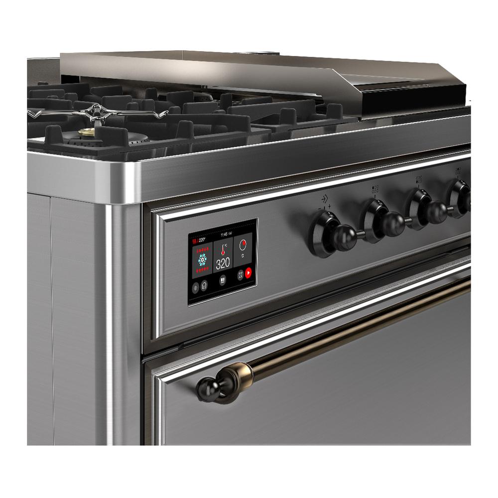 ILVE UM48FSQNR3SSB Majestic III 48 inch Dual Fuel Range with 5 Black Brass Burners, Griddle and French Top, Dual Function Burner up to 25,000 BTU (Natural Gas, Solid Door, Stainless Steel, Burnished)