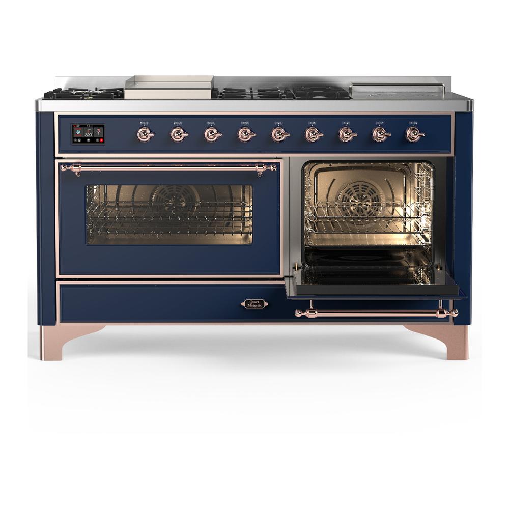 ILVE UM60FSNR3MBPLP Majestic III 60 inch Dual Fuel Range with 7 Burners, Griddle and French Top, Dual Function Burner with up to 25,000 BTU (Liquid Propane, Triple Glass Door, Midnight Blue, Copper)