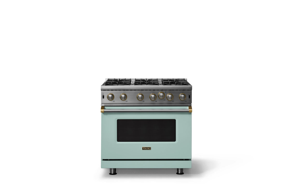 36"W. Open Burner Gas Range (Finish: Splash, Trim: Brushed Brass, Fuel: Propane)